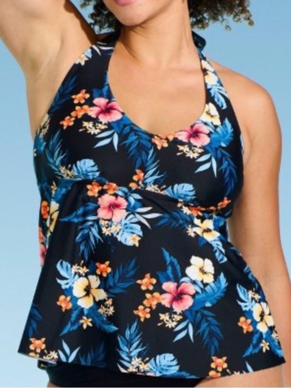 Lands' End Black Halter Tankini Swim Top with Blue, Pink & Yellow Floral Print